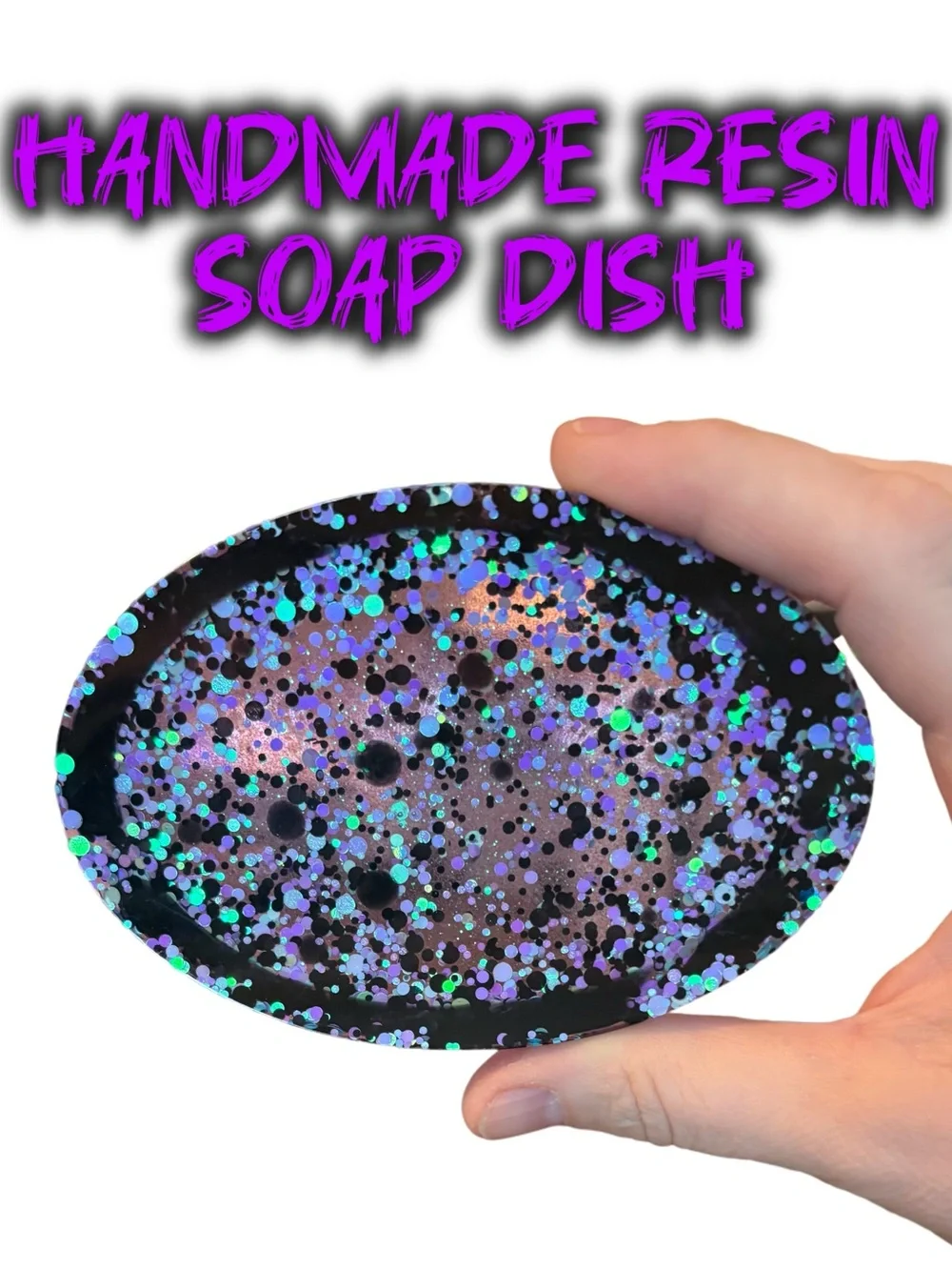 Handmade Glitter Resin Soap Dish - Purple + Black Confetti Soap Holder - Picture 2 of 6